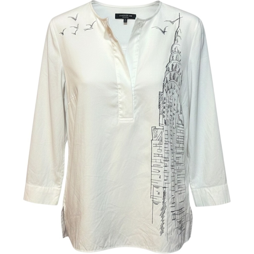 Lafayette 148 New York White Cotton Chrysler Building Embroidered Tunic Top S